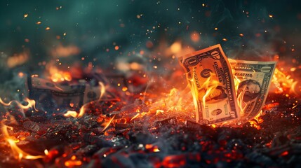Intense Image of Burning Banknotes Symbolizing Financial Market Volatility and Instability During a Global Banking System Collapse, Set Against a Backdrop of Glowing Embers and Sparks