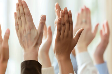 Hands of diverse individuals are raised in unison, symbolizing unity, agreement, and collective participation.