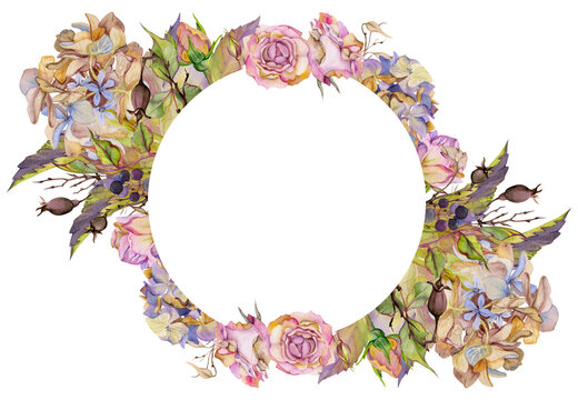 recommend clip art: Hand drawn watercolor illustration shabby boho botanical flowers leaves. Dusty pink tea rose hip berries, lunaria hydrangea hortensia. Wreath frame isolated on white background. Design wedding, cards