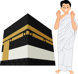 muslim man using ihram clothes raising two hand for praying with kaaba background