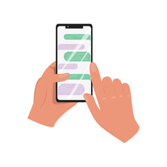 Hand gripping a cellphone that displays an online chat interface. Another hand is depicted using an index finger to scroll through the chat messages on the phone screen