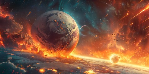 Fototapeta premium A breathtaking space scene with a planet engulfed in flames, its moon, and a backdrop of glowing nebulae and meteors