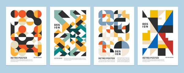 Fototapeta premium Vector geometric retro banner set. Triangle and circle background for abstract cover. Isolated creative pattern or texture for brochure. Vintage minimal sign or card, poster or flyer, backdrop design