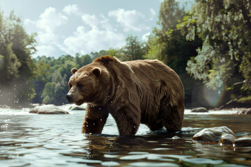 Obraz premium A majestic bear wades through a flowing river in a sunlit forest, showcasing its powerful presence amidst the natural beauty.