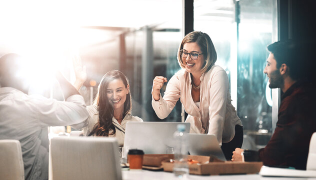 Business people, happy and celebration for achievement in office with company investment and stock market bonus. Teamwork, employees and support for trading success with tech and excited in boardroom