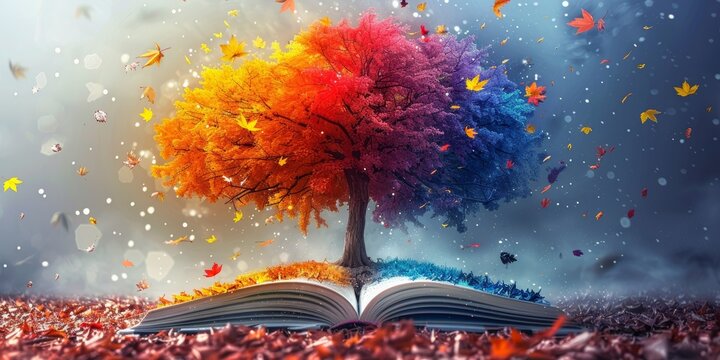 A book tree with colorful leaves, symbolizing the blend of nature and learning, ideal for educational content
