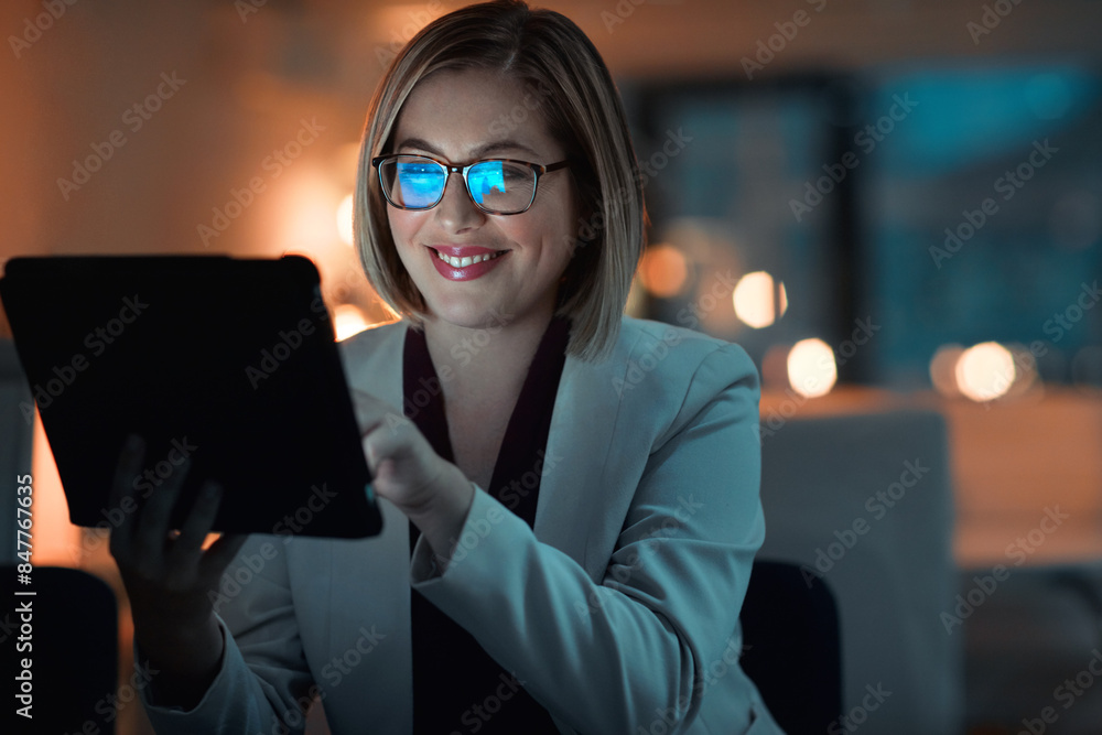 Wall mural corporate woman, tablet and happy at night in office for company agenda, research and planning. digi