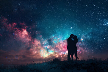 Fototapeta premium A couple stands embraced against a vibrant, star-filled night sky, echoing romance and the vast beauty of the universe.