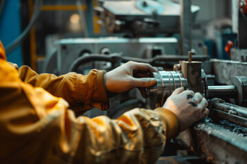 Hands of a focused worker adjusting a complex machine in an industrial setting, showcasing precision and craftsmanship against a backdrop of machinery.