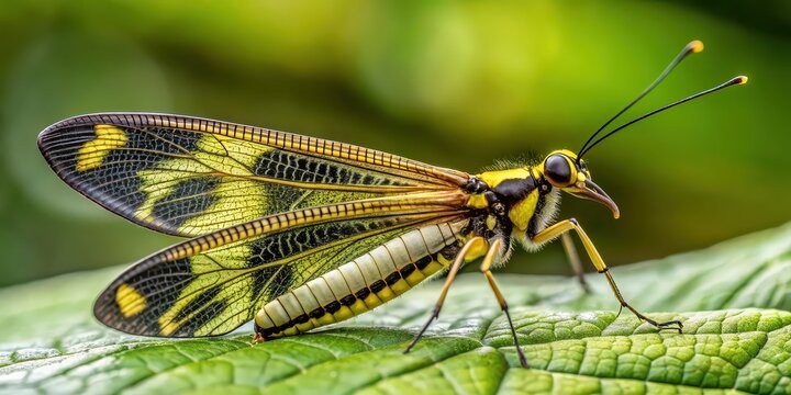 Close-up of an owlfly (Libelloides macaronius) resting on a leaf in its natural habitat , owlfly, Libelloides macaronius, insect, wildlife, nature, close-up, macro, wings, predator