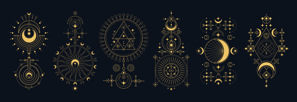 Set of space and mystic sign. Vector night symbols with sun, crescent, moon and planet. Line tarot or occult cards. Universe or cosmos print or galaxy tattoo. Celestial and esoteric badge. Astrology