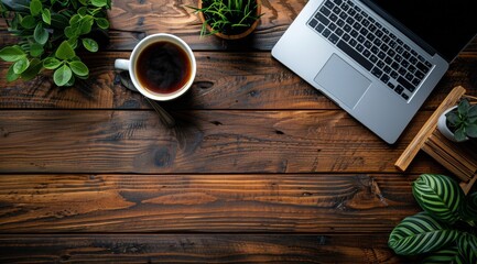 Laptop, Coffee, and Greenery on a Wooden Tabletop