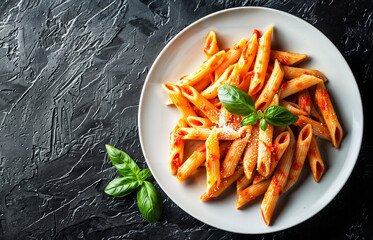 top view of a white plate with penne alle vodka, penne pasta with a creamy pink tomato sauce, on a black textured background