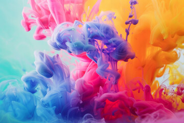 Swirling and merging clouds of pink, blue, and yellow ink in water, creating an immersive and vibrant abstract scene full of fluid movement.