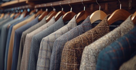 Obraz premium Row of Patterned Mens Suits Hanging on Wooden Hangers in a Retail Store