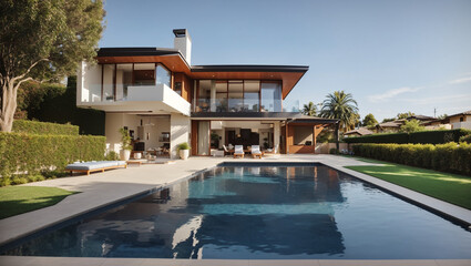 Fototapeta premium large modern house with a swimming pool and a patio with lounge chairs.