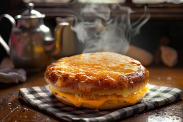 A hot cheese sandwich with a crispy, golden-brown exterior placed on a checkered napkin, with a vintage teapot in the background, steam slightly visible in the cool morning air.