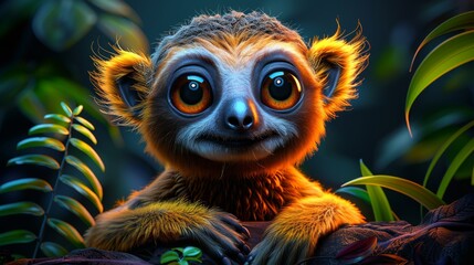 cute funny animal photography, portrait of lemur baby with big eyes 