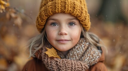 kids background autumnal photography, lovely girl in a knitted hat with a scarf in autumn nature