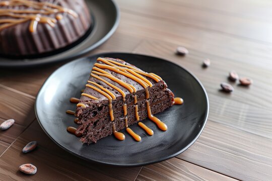 A moist slice of homemade chocolate cake topped with a drizzle of caramel, placed on a modern, sleek black plate. The table features a minimalist setting with a few cocoa beans scattered around. - Powered by Adobe