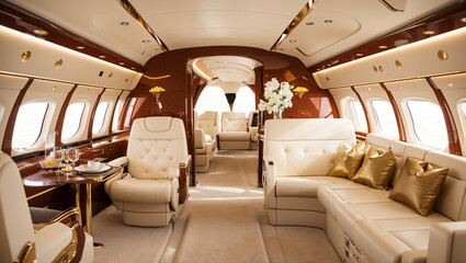  interior of a private jet. There are several seats and sofas, a table, and a cabinet