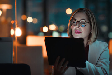 Corporate woman, tablet and productivity at night for company agenda, research and planning....