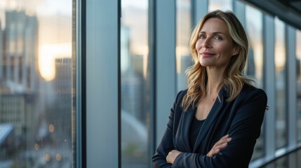 Female CEO in a sleek office, standing by a large window with a thoughtful expression, cityscape visible in the background. - Powered by Adobe