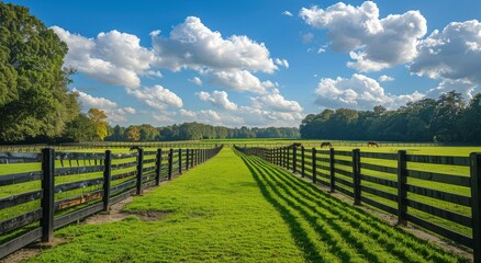Green Pasture With Wooden Fence and Blue Sky on a Sunny Day