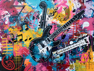 Cool music graffiti in urban style Oil color painting. Generative AI.