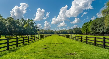 Green Pasture With Wooden Fence and Blue Sky on a Sunny Day