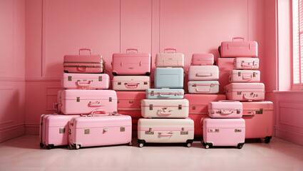 variety of pink suitcases stacked in front of a pink wall.