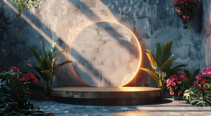 Minimalist Architectural Design With Circular Archway and Desert View at Sunset