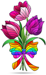 An illustrations in stained glass style with bouquet of tulips, isolated on a white background