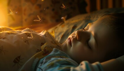 A sleeping child is bitten by mosquitoes in the summer season. Protection against insects.