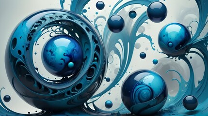 Abstract Surreal Art with Blue Spheres and Swirling Patterns