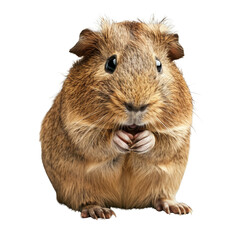 Fototapeta premium Adorable close-up of a guinea pig with fluffy fur and curious eyes, standing on hind legs. Perfect for pet and animal themes.