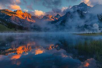 Fototapeta premium A tranquil mountain lake at sunrise, with mist rising from the water, and the first light of day illuminating the peaks
