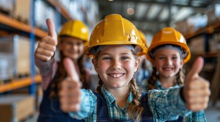 Smiling Children Wearing Hard Hats Give Thumbs Up In Warehouse