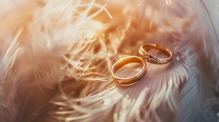 wedding rings on a feather light soft background, wedding invitation background 