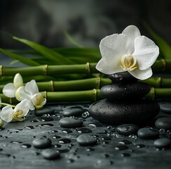 A white orchid, black stones and green bamboo on the table, with spa elements and water drops in...