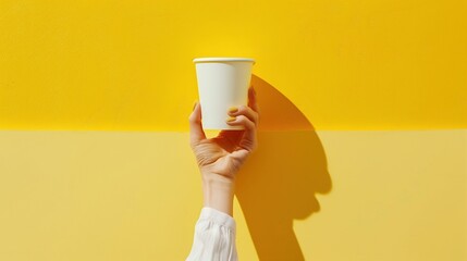 Yellow manicure female hand holding white coffee cup mockup. Yellow tones and shadow play. Coffeecup template advertising image. Takeout disposable mock up product photorealistic