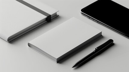 White office supplies mockup on minimalistic background. Blank notebook with elastic band, white notepad template advertising image. Blank pen, smartphone mock up product photorealistic