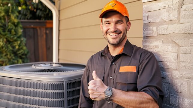 Thumbs up from a delighted electrician near an air conditioning unit.