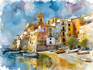 Digital watercolor painting of Villajoyosa town Oil color painting. Generative AI.