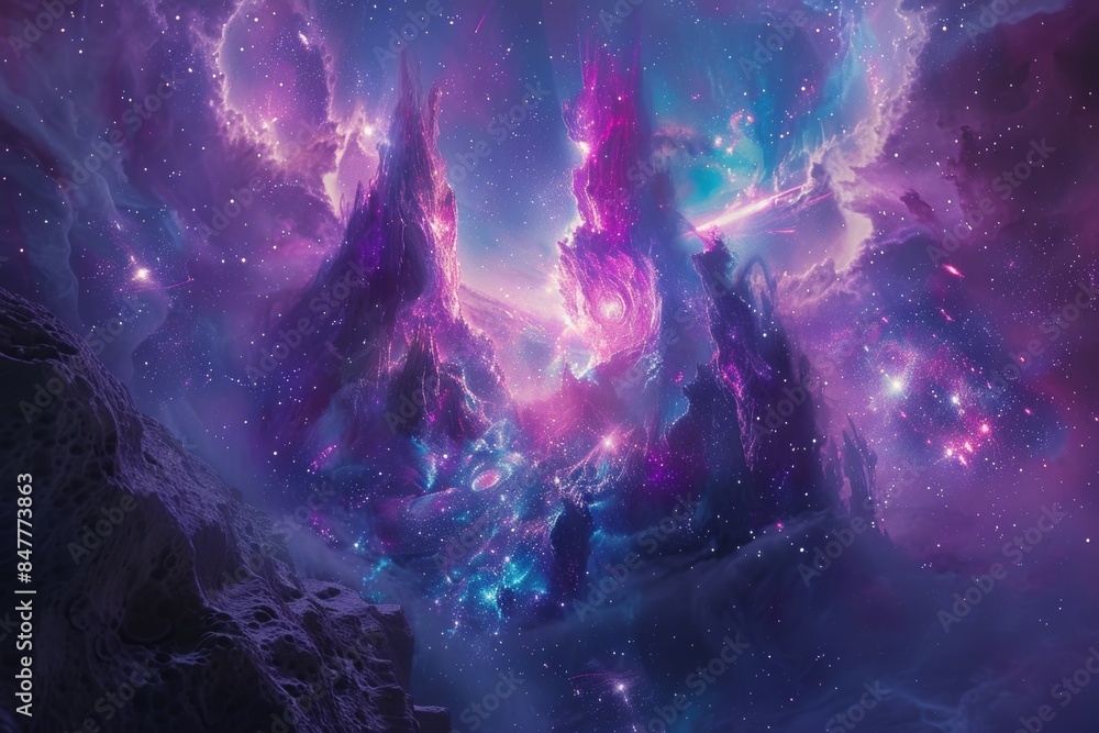 Wall mural abstract depiction of outer space with cosmic clouds and star clusters