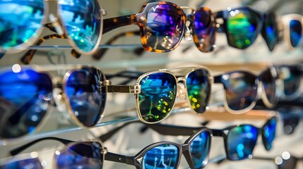 Unique collection of sunglasses and eyeglasses on display, offering summer style and fashion. Get great deals, discounts, and promotions on a range of sunglasses.