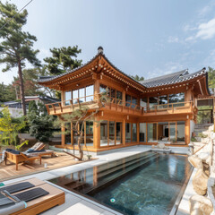 Fototapeta premium tiny two floor timber frame house with single front doors and terrace with korean theme design with pool