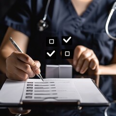 Medical Professional Writing on Clipboard, Healthcare Concept, Doctor with Checklist Icons, Medical Documentation