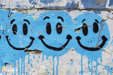 Naklejka premium Three blue smiling faces on white textured wall with graffiti stencil art