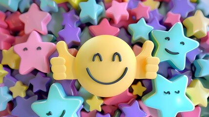 Smiley face surrounded by positive symbols, thumbs-up gestures, stars, and happy emoticons Feedback rating and customer satisfaction, positive experiences and reviews